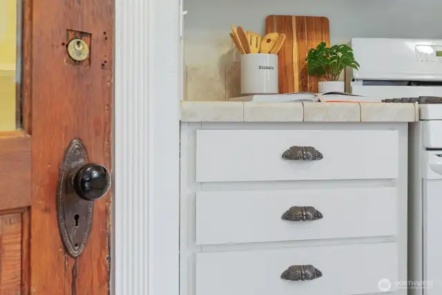 antique pantry door; designer drawer hardware