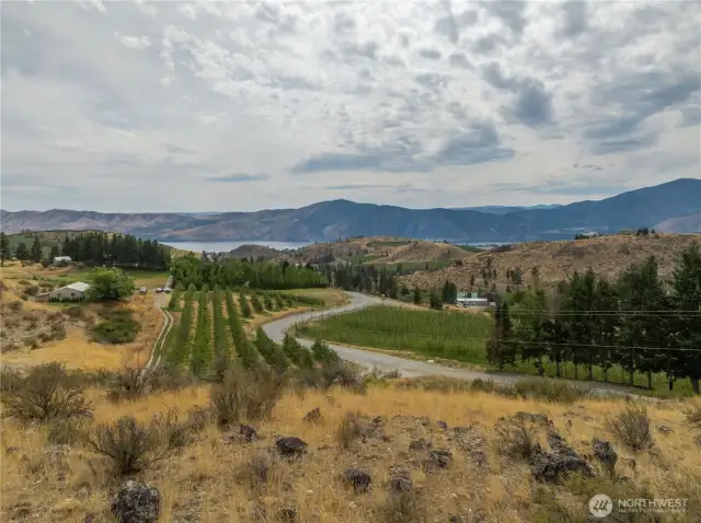 Looking from the 2 vacant ( buildable lots this 9+ acres also includes the duplex to the left and the 1 acre of Honey Crisp apples toward the center of this picture.