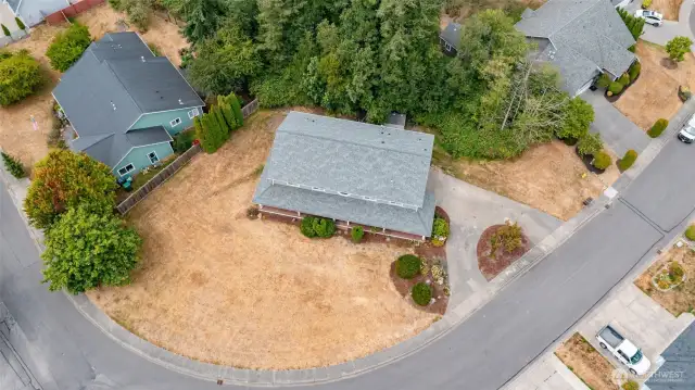 Large corner lot with green space behind the property.