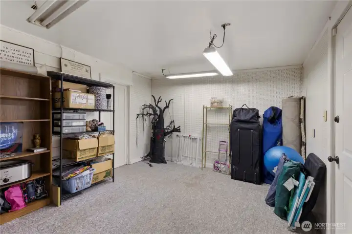 Large storage room accessible from backyard, garage and rec room.