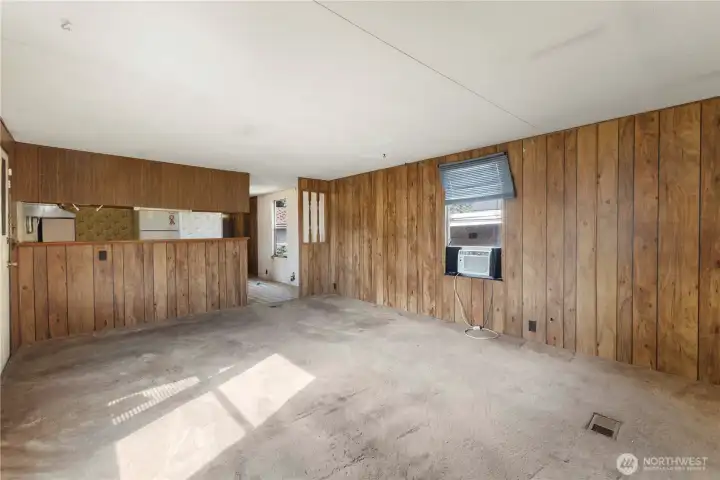 The living area looking into the kitchen