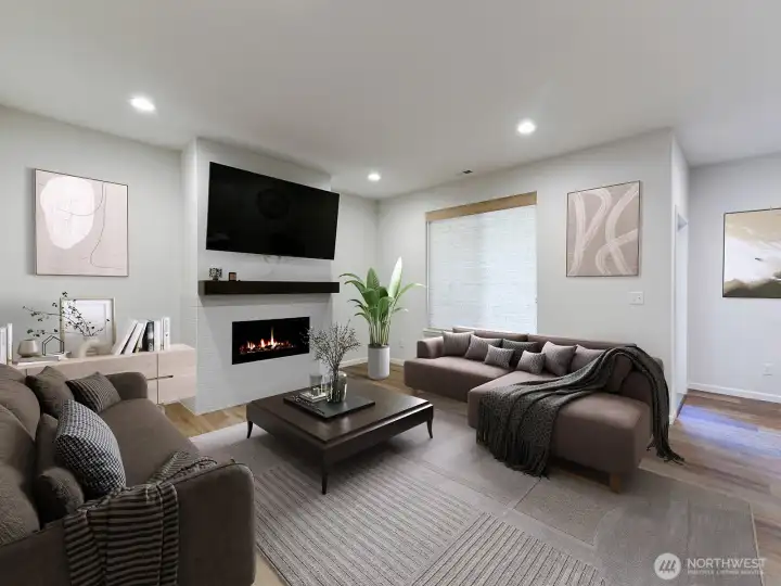 Gas fireplace.  Recessed lighting. Upgraded window blinds stay with home. Big screen TV included with sale.