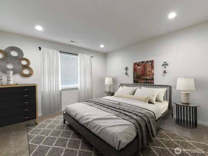 Virtually staged primary bedroom.  Carpets like new.