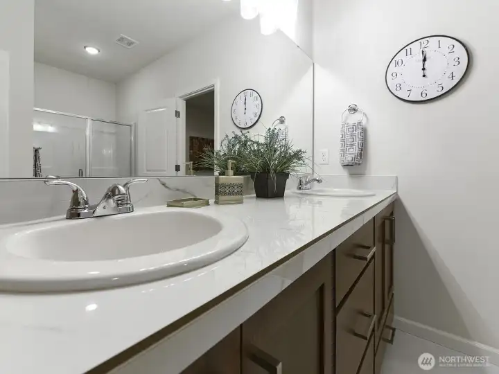 Spacious Primary bathroom. Raised cabinets, executive height.