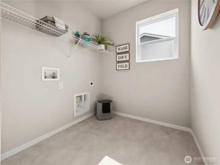 Utility room with shelf.  Photos are representative
