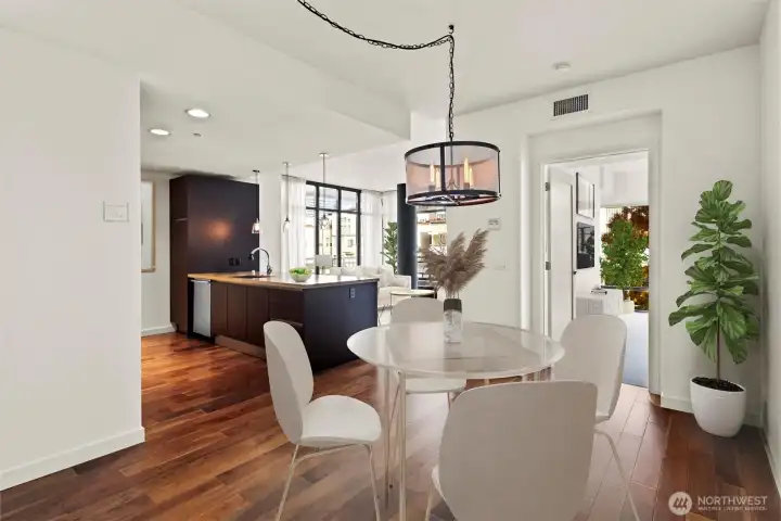 This beautifully appointed residence is framed by floor to ceiling windows and 9 foot windows.