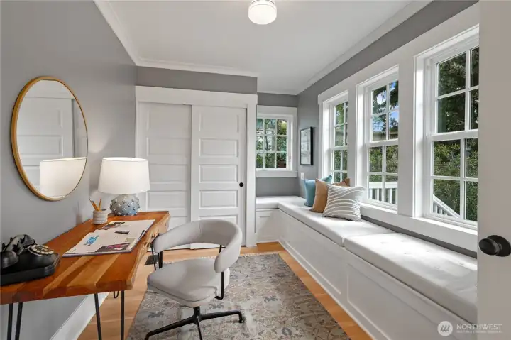 this main-floor bedroom was converted to an office, with custom built-ins