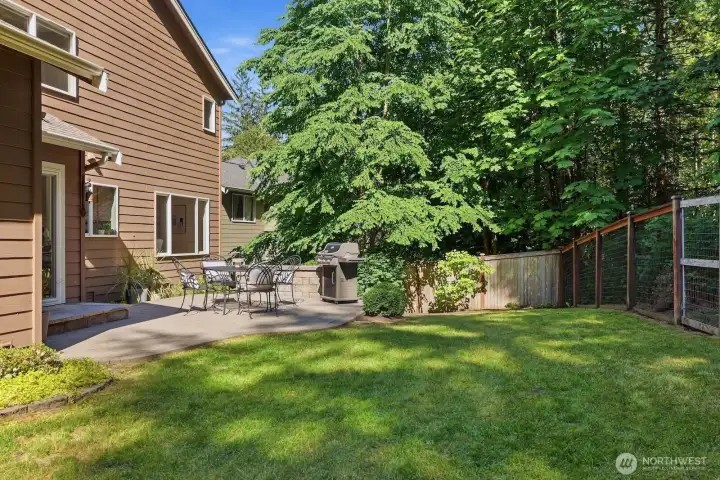 Expansive stone patio off the kitchen and breakfast nook features a built-in seating ledge and ample space for BBQs, entertaining, and outdoor dining.