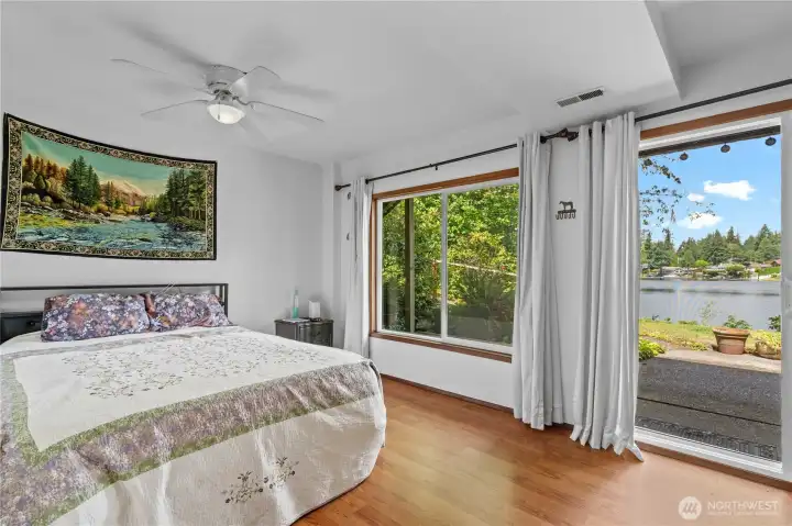 Bedroom area features Ceiling Fan and Beautiful Views of the Lake!