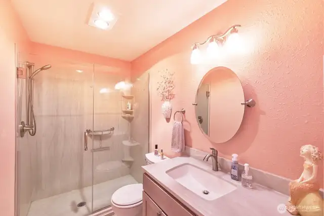 Bathroom remodeled in 2020 features a cultured marble shower.