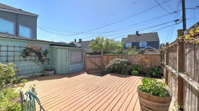 Fenced in back deck with southern exposure.