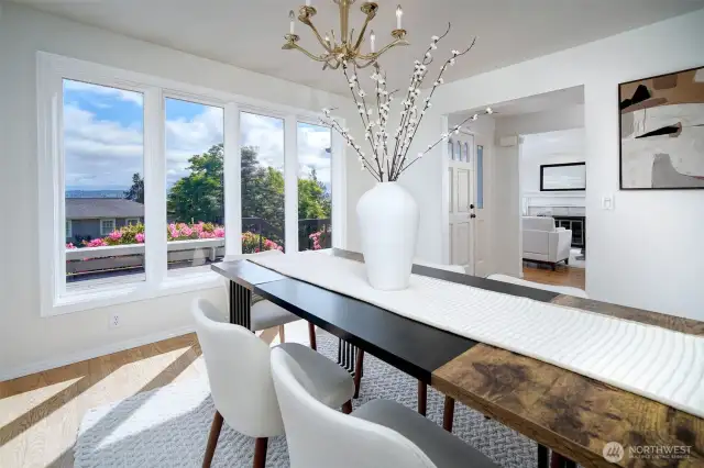 This angle of the dining room shows the entry, with the living room beyond.