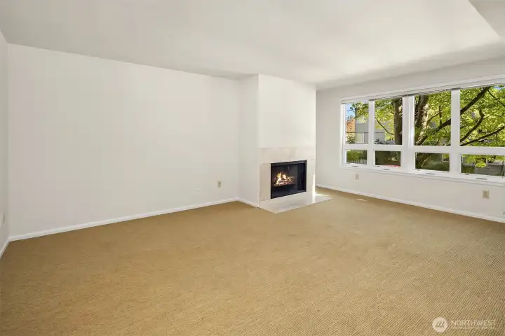 This is the living room un-staged. Unit faces Northeast and looks out onto beautiful trees.