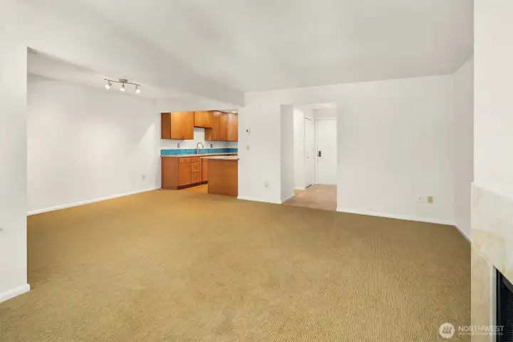 View from windows in living room to entry, kitchen and dining.