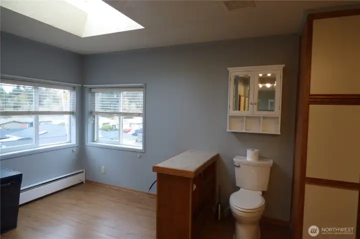 Large primary bathroom with skylight and built in cabinets. There once was a garden tub under the windows.