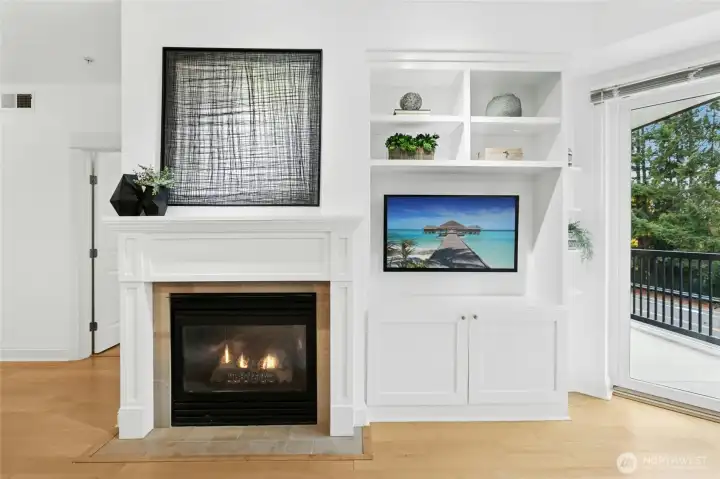Gas Fireplace has a fan to that circulates heat, great for those chilly days!