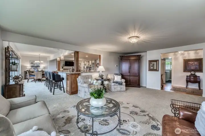 This is a great picture of how the living room ties into kitchen and sit up bar.