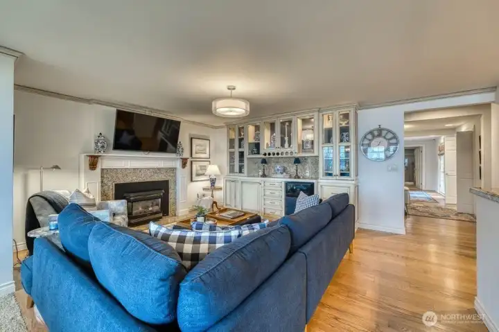 The gas fireplace and built in cabinets with wine cooler are classy touches.
