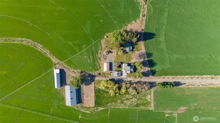 Arial shot of the homes, barn, arena, and out buildings.