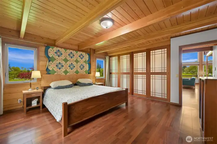 Custom, shoji-inspired closet doors. The closet lights automatically when the doors are opened.