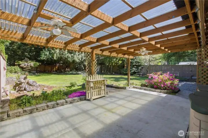 Covered patio overlooking stunning, private backyard