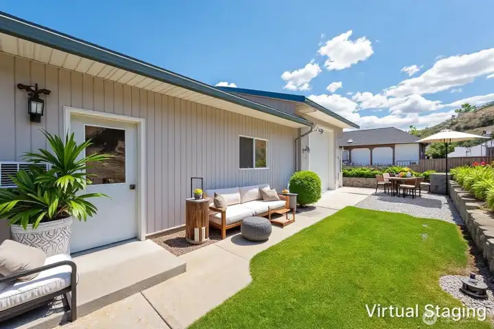 Virtually staged backyard. Virtually staged backyard.