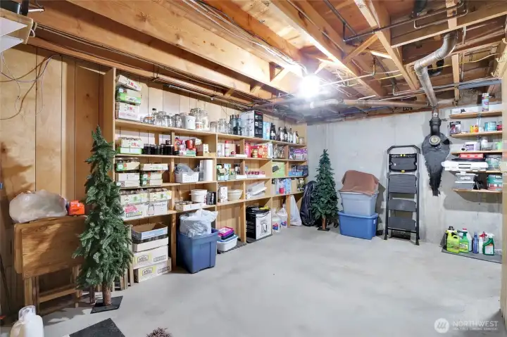 Unfinished basement storage space. Unfinished basement storage space.