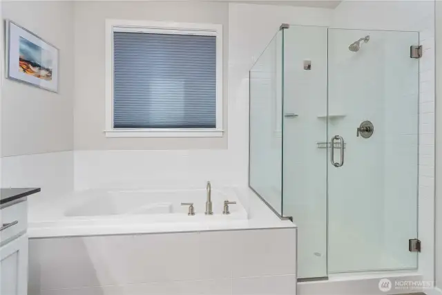 Large tiled shower, a linen closet, and soaking tub