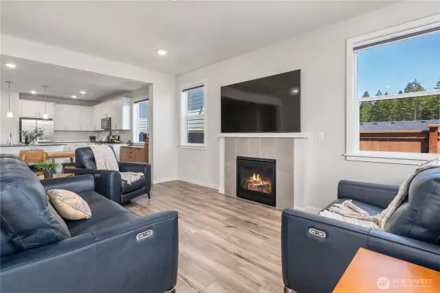 Gas fireplace anchors the spacious great room