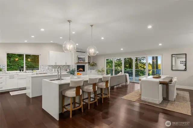 Double quartz waterfall islands with 15ft. panoramic wall.