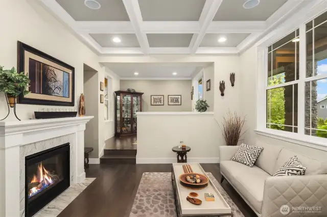 Boxbeam ceilings and gas fireplace in the front room create a peaceful atmosphere for intimate gatherings. The elevated space beyond provides a place for quiet pursuits.