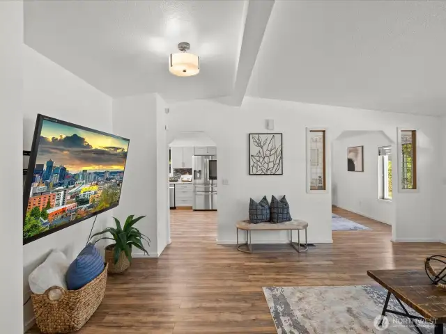 Living room into kitchen & dining room