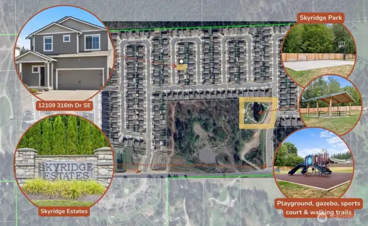 Neighborhood amenities include a park featuring mountain views, playground, gazebo, sports court, and walking trails.