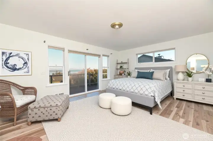 Main Level bath Primary bath*Virtually Enhanced* Sliding door to the large deck.