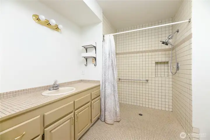 Main floor primary bath that is totally walk-in. Mirror has been added.