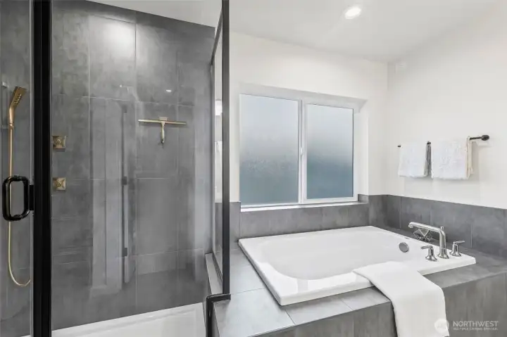 Huge walk in shower and soaker tub.