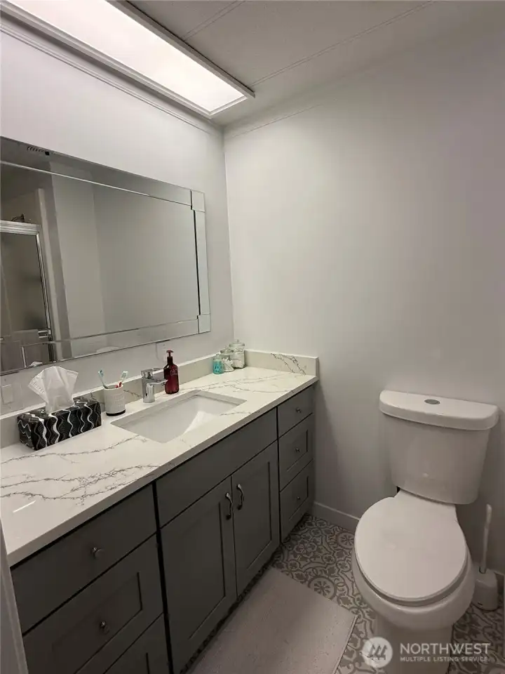 Primary vanity, light fixture has "halo" night light