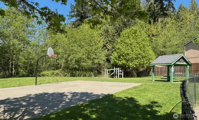 Community playground with basketball court, picnic shelter and jungle gym