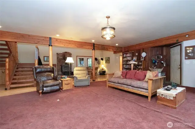Another view of the great room with the free standing stove.