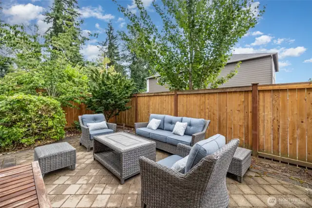 Large back patio surrounded by easy-care trees and shrubs is perfect for relaxing on summer evenings!