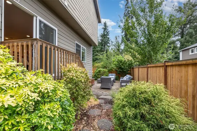 Plenty of options for this backyard! Leave the easy-care mature bushes, or remove them and add grass or a play structure. Plenty of side-yard area for a dog run as well!