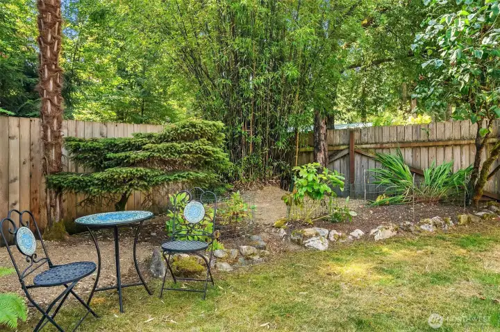 Mature evergreen landscaping surrounds the private, fully-fenced, backyard. There are even fruit trees!! Create your very own veggie garden oasis.