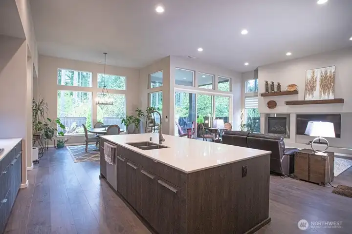 Kitchen open to dining area and living room