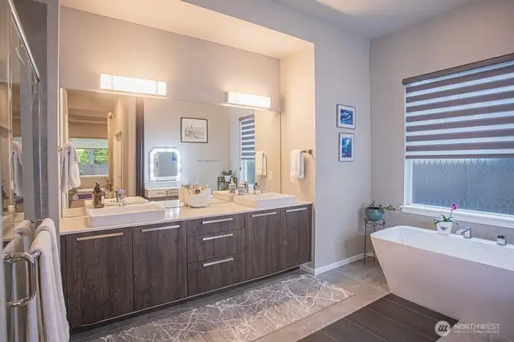 Primary bath with double sinks and lots of storage