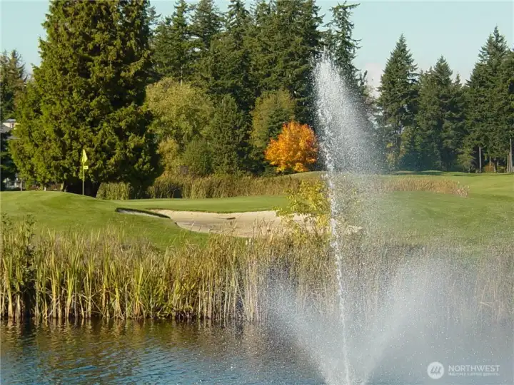 View of the 18th Hole fountain behind the green from the Clubhouse