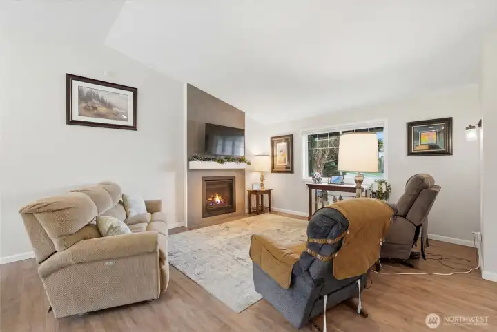 Comfortable living space with a clean, modern fireplace as the focal point.