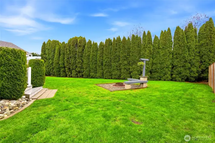 There’s a quiet ease to this outdoor space, where fencing and mature trees along the perimeter creates a sense of privacy while maintaining a feeling of openness.