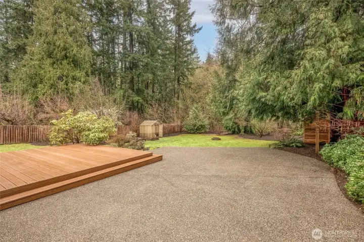 Open grassy yard surrounded by trees for added privacy.