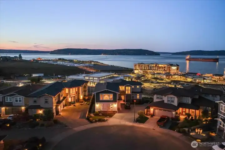 Aerial looking over house towards the Sound