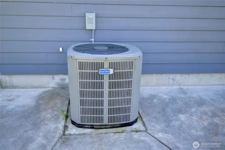 Heat pump on side of garage provides a comfy home.